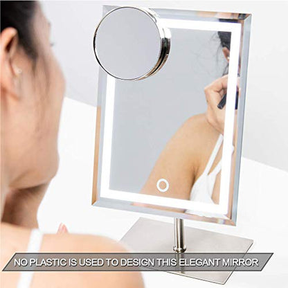Waneway Lighted Makeup Vanity Mirror with 80 LEDs Lights and 10X Magnification Spot Mirror, Light up Dressing Table Cosmetic Mirror, 3X Brighter Dimmable Lighting, Full Metal Sleek Design,Satin Nickel
