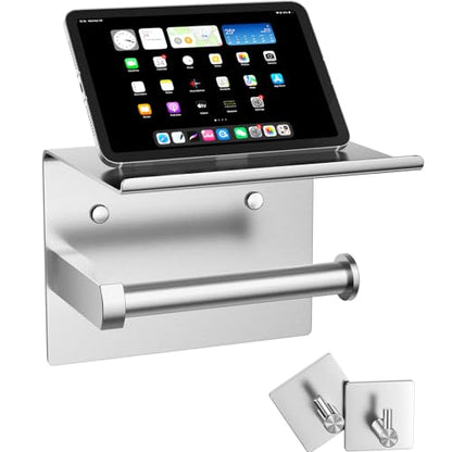 Tindbea Mega Size Toilet Paper Holder with Shelf + Towel Robe Hooks, Adhesive or Screw Wall Mounted Toilet Paper Roll Holder, Stainless Steel Bathroom Hardware Set (Brushed Nickel) - color: Brushed Nickel, size: Large