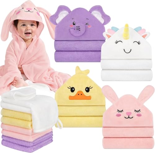 12 PCS Baby Bath Towels Set, Baby Towels for Newborn Bath Essentials Gifts | Animal Hooded, Thick Soft Absorbent, 4 Baby Towels & 8 Washcloths for Girl Boy Toddlers (Elephant, Unicorn, Duck, Rabbit) - color: Pink, White, Yellow, Purple