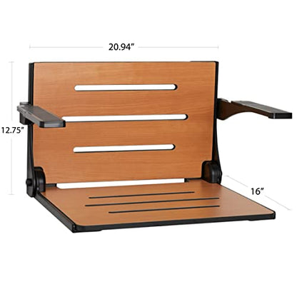 Seachrome Silhouette Comfort Folding Wall Mount Shower Bench Seat with Arms, Teak Seat with Matte Black Frame - color: Teak Seat With Matte Black Frame and Black Arm Pads