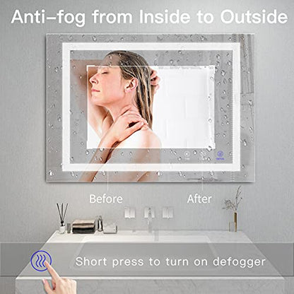 TATU LED Bathroom Mirror, 32x24 Inch Bathroom Vanity Mirror Wall Mounted with 3000K-6000K Adjustable, Anti-Fog, Smart Touch Button, Stepless Dimmable Lighted Makeup Mirror, Horizontal/Vertical - size: 24"L x 32"W