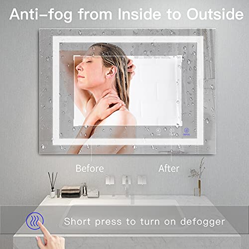 TATU LED Bathroom Mirror,36x28 Inch Bathroom Vanity Mirror Wall Mounted with 3000K-6000K Adjustable, Anti-Fog, Smart Touch Button, Stepless Dimmable Lighted Makeup Mirror, Horizontal/Vertical - size: 28"L x 36"W