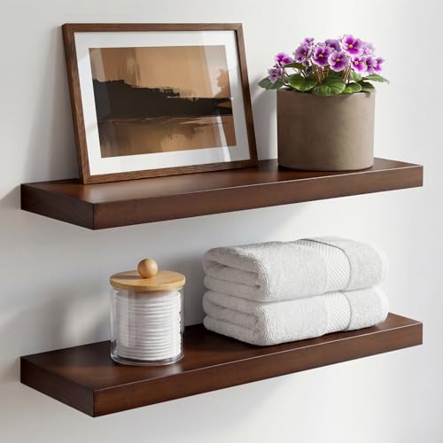 Walnut 20 inch Floating Shelf, High End Solid Real Wood 20inch Floating Shelves for Wall Mounted, Dark Brown 20 inches Long Floating Shelves, Heavy Duty Bracket, 20 X 6.5 X 1.75 in, Set of 2 - color: American Walnut - Satin Dark Tone, size: 20 inch