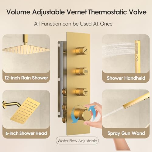 Thermostatic Dual Shower System Brushed Gold,Push Button Diverter Rainfall Shower Faucet Set with 2 in 1 Handheld Spray,12'' Ceiling Mount and 6'' Wall Mount Rainfall Shower System - color: Gold, size: 12"-2