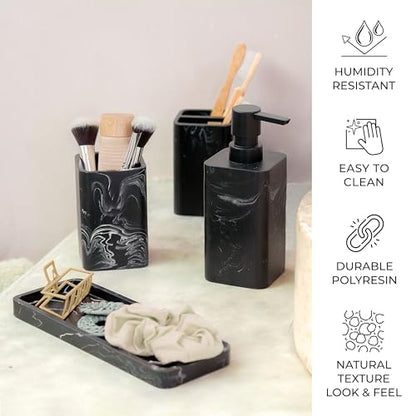 Bathroom Accessory Sets, 4 Pieces Bathroom Accessories Complete Set Vanity Countertop Accessory Set, Includes Lotion Dispenser Soap Pump, Tumbler, Toothbrush Holder and Tray (Black Marble Look) - color: Black Marble Look