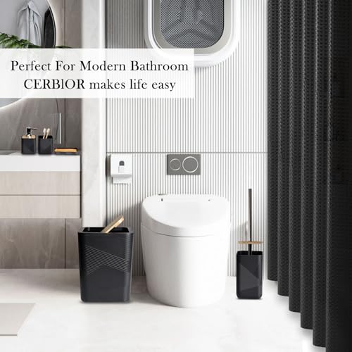 CERBIOR Bamboo Bathroom Accessory Set with Shower Curtain,Black,20PCS | Spiral Set Includes Shower Curtain,Soap Dispenser, Toothbrush Holder, Toothbrush Cup, Soap Dish for Decorative and House Gift - size: Bath Set+Shower Curtain, style: Black