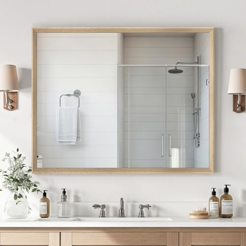 Oak Wood Effect Framed Wall Mirror, 32x40 Rectangle Mirror | Anti-desilvering Tempered Glass, Sustainable& Sturdy Frame, Farmhouse Mirror, Anti-Rust, 3min Setup for Bathroom Living Room - color: Oak Wood, size: 40"L x 32"W