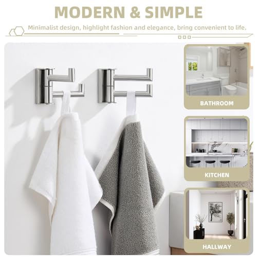 Suyar Brushed Nickel Double Towel Hook, Bathroom Swivel Robe Hook 2 Arms | Foldable Robe Coat Hanger for Kitchen RV Cabinet, SUS304 Stainless Steel Space Saving Towel Holder, Wall Mounted, 2 Pack - color: Brushed Nickel, size: 2 Pack
