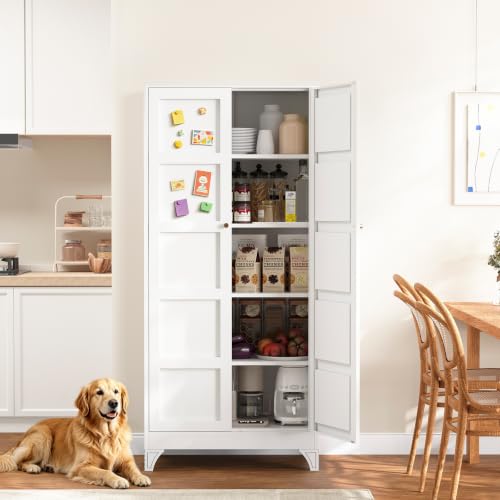 Metal Storage Cabinet with 2 Doors and 4 Adjustable Shelves,- 72" White Kitchen Pantry Storage Cabinet for Kitchen,Living Room,Dining Room - color: White, size: 72"- 4 Adjustable Shelves-A