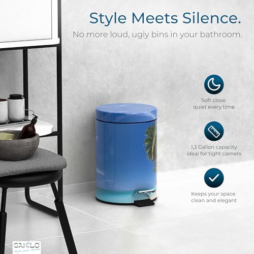 Sanilo Small Bathroom Trash Can with Lid [1.3 Gallon] - Lidded Tiny Trashcan for Garbage - Mini Metal Bin with Soft Closing Mechanism - Bath Room Accessoire Wastebin with Inner Bucket (Caribbean) - color: Caribbean