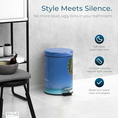 Sanilo Small Bathroom Trash Can with Lid [1.3 Gallon] - Lidded Tiny Trashcan for Garbage - Mini Metal Bin with Soft Closing Mechanism - Bath Room Accessoire Wastebin with Inner Bucket (Caribbean) - color: Caribbean