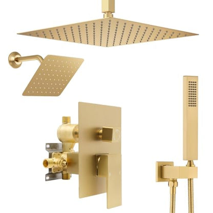 Shower System Dual Shower Heads with 12" Ceiling Mounted Rain Shower Head & 6" Wall Mounted Head Full Body Luxury Rain Shower System 3 Way Pressure Balance Valve Kit, Brushed Gold - color: Brushed Gold, style: 12inch+6inch