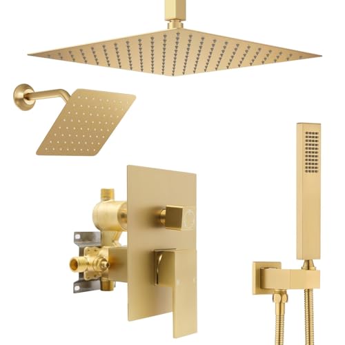 Shower System Dual Shower Heads with 12" Ceiling Mounted Rain Shower Head & 6" Wall Mounted Head Full Body Luxury Rain Shower System 3 Way Pressure Balance Valve Kit, Brushed Gold - color: Brushed Gold, style: 12inch+6inch