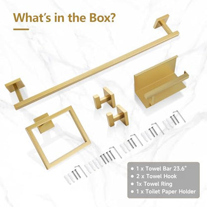 TQKAG 5-Pieces Brushed Gold Bathroom Hardware Accessories Set 23.6" SUS304 Stainless Steel Towel Bar Set Wall Mounted Square Toilet Paper Holder with Shelf - color: Brushed Gold, size: 5-Pieces Set-B