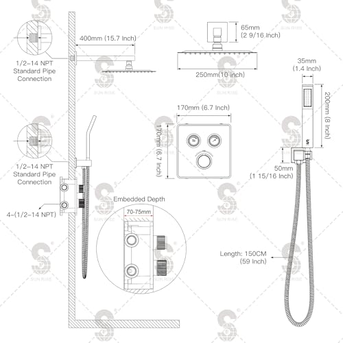 SR SUN RISE 100℉ Brushed Matte Black Shower System,10 Inch | Luxury Rainfall Shower Head,High-Pressure Handheld Shower,Soild Brass,Wall Mount,Valve and Trim Kit Included - color: Classic Matte Black, style: 10"