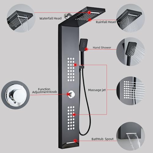 Lengthened Shower Panel Tower System Rain Shower Head | Rainfall Waterfall Shower,Handheld High Pressure Rain Massage System(Black) - color: Black, style: Upgrade and lengthen