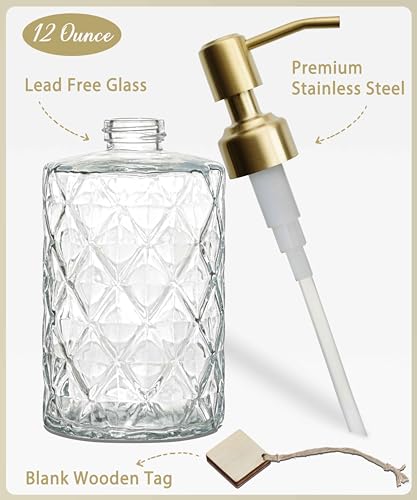 JASAI Diamond Design Glass Soap Dispenser with Golden Pump | Refillable Hand soap Dispenser for Kitchen, Soap Dispenser Bathroom for Soap, Hand soap, Dish Soap, Lotion. - color: Clearglass-golden Pump, style: Diamond