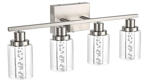 MELUCEE 4-Light LED Bathroom Lighting Fixtures Brushed Nickel,3000K-6000K | Dimmable LED Vanity Light for Bathroom Bathroom Wall Lights with Crystal Bubble Clear Glass Shade, Built-In LED Chips - color: Brushed Nickel, size: LED-4 Lights