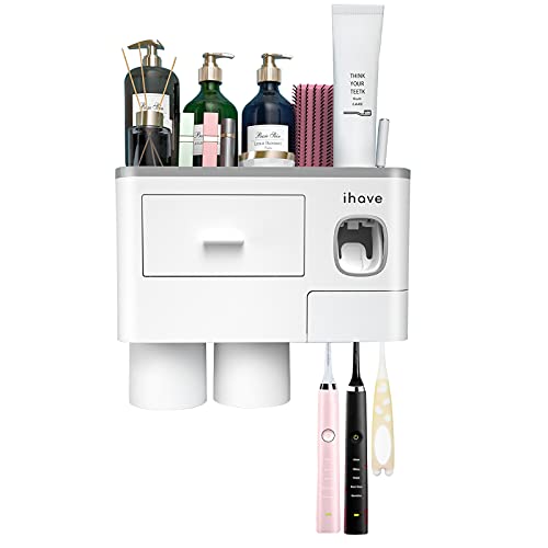 iHave Toothbrush Holders Wall Mounted with Toothpaste Dispenser & 2 Cups | All-in-One Bathroom Organizer: 2 Cups, 6 Slots, Toothpaste Dispenser, Large Tray & Drawer. Wall Mount, No Drilling Required - color: White, size: 2 cup