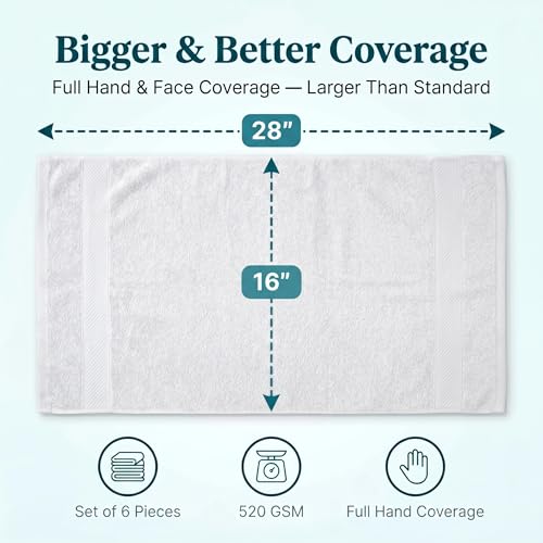 Sofea Hand Towels 6 Pack (16 x 28 Inches) 100% Cotton Bathroom Towels, Soft Absorbent Quick Dry Hand Towels for Bathroom Kitchen - color: White