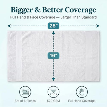 Sofea Hand Towels 6 Pack (16 x 28 Inches) 100% Cotton Bathroom Towels, Soft Absorbent Quick Dry Hand Towels for Bathroom Kitchen - color: White
