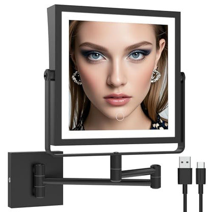 Ruacq Wall Mounted Makeup Mirror with Lights 1X/7X Dual Sided Matte Black | 8",4000mAh Rechargeable,Magnification,3 Color,Touch Screen Dimmable,360° Rotation Extension Foldable Arm, Square, Women Gift - color: Matte Black