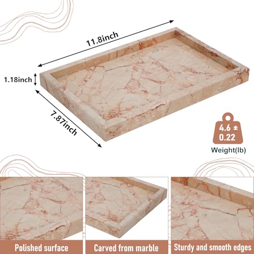 Marble Bathroom Tray,Pure Natural Vanity Tray | Marble Trays for Kitchen Counter Non-Ceramic/Non-Resin,Stone Tray 12 x 8 inch (Pink ) ﻿ - color: Pink