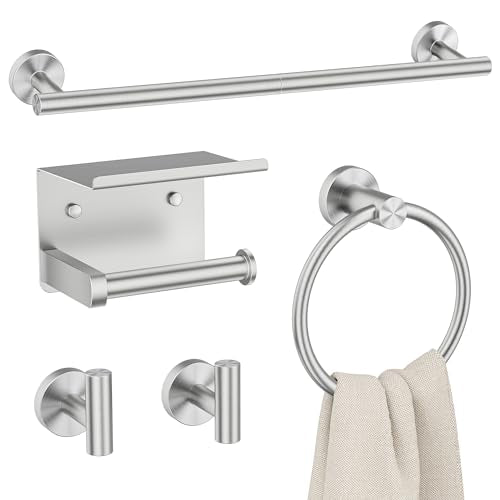 FORIOUS Bathroom Accessories, 5-Piece Bathroom Hardware Set - 24" Towel Bar | Brushed Nickel | Towel Hooks, Towel Racks for Bathroom, Toilet Paper Holder With Shelf, Towel Ring | SUS304 Stainless Steel - color: Stainless Steel, size: 24 in | 5 Pieces