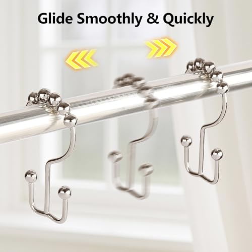 Resze 12 Pcs Shower Curtain Hooks,Metal Double Shower Curtain Rings, Nickel | Glide Roller Shower Hooks, Rust-Resistant Anti-Drop Shower Rings, Smooth Sliding Hooks for Bathroom Shower Rods Curtains - color: Nickel