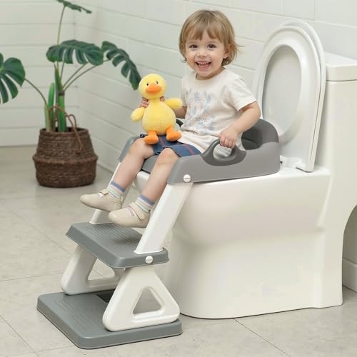 Potty Training Toilet Seat with Step Stool Ladder for Boys and Girls, 2 in 1 Potty Training Toilet, Splash Guard Anti-Slip Pad Step Stool（Gray-White) Pedal Upgrade - color: Gray-white