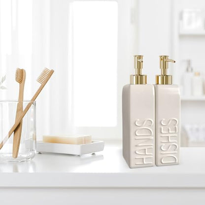 Soap Dispenser Set with Gold Stainless Steel Pump and a Funnel, 2 Pack Modern Ceramic Refillable Hand and Dish Soap Dispenser for Kitchen, Bathroom, Matte White - color: White & Gold