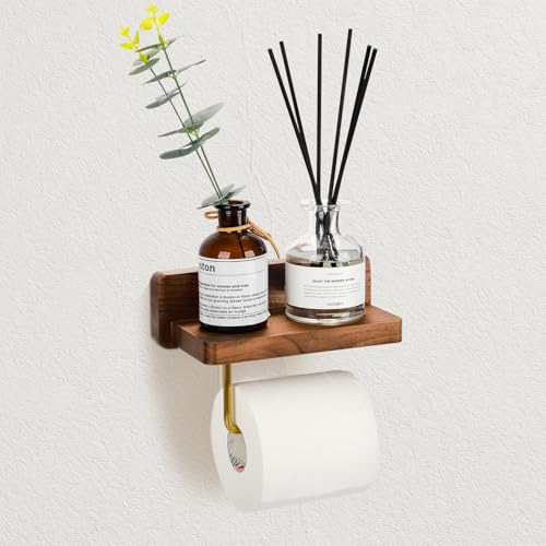 Walnut Toilet Paper Holder Wall Mount with Shelf, Wooden Tissue Paper Roll Holder with Brushed Brass Bar, Brushed Gold Bathroom Accessories for Bathroom, Washroom Décor(Smooth Surface, 1 Roll) - color: Smooth Surface, size: 1 ROLL