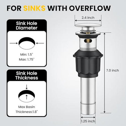 Pop up Bathroom Sink Drain with Overflow, Removable Stainless Steel Hair Catcher, Fits 1.5-1.75", Brushed Nickel Stainless Steel Bathroom Sink Stopper for Vanity Vessel Sink Drain Stopper - color: Brushed Nickel, style: Big Popup Cap