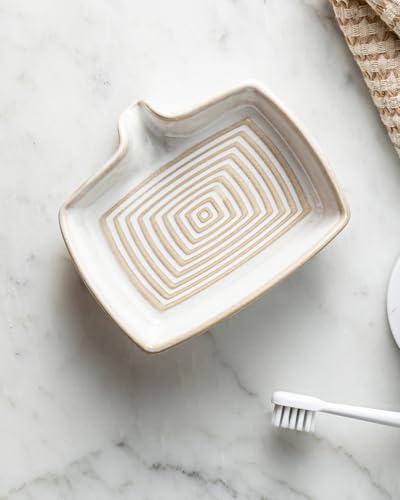 Zoeeker Self Draining Soap Dish, Ceramic Soap Holder with Waterfall Design | Shower Bar Soap Holder with Drainage Soap Saver for Shower, Bathroom, Sink, Kitchen and Countertop, Keep Dry, Beige White - color: Beige White, size: Rectangular