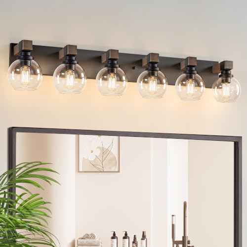 LmnLvn Bathroom Light Fixtures, Farmhouse Wood & Metal with Globe Glass | 6-Light Rustic Vanity Lights,Easy To Install, Mounted Over Mirror for Bathroom, Bedroom & Hallway - color: Black, size: 6 Lights