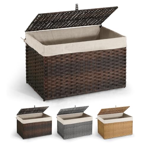 CAPHAUS Handwoven Storage Basket w/ Lid & Handles, 2 Removable Liner Bags, Foldable Clothes Basket for Laundry, Large Synthetic Rattan Laundry Basket, 160L, Brown - color: Brown, size: 42.3 Gal (160L)