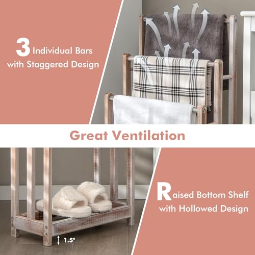 Giantex 3 Tier Free Standing Towel Rack with Storage Shelf, Light Brown | Wood Bath Towel Drying Stand, Blanket Holder for Living Room, Laundry, Bathroom, Poolside, 18" L x 9" W x 34" H - color: Light Brown