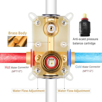 ESNBIA Shower Head System Gold, All Metal Ceiling Shower Faucet Set with Pressure Balance Valve Kit, 10 Inches Rain Head with Handheld Spray, Brushed Gold - color: Brushed Gold, size: 10 Inch