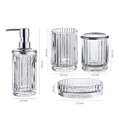 4-Piece Glass Bathroom Accessories Set, Clear Crystal Ribbed Design, Soap Dispenser, Toothbrush Holder, Tumbler, Soap Dish
