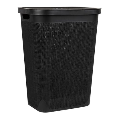 Mind Reader 60L Slim Laundry Hamper, Clothes Basket, Lid, Linen Design, Plastic, Black - color: Black