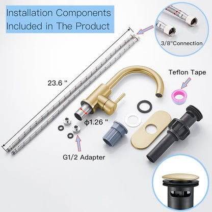 Bathroom Sink Faucet Single Hole Brushed Gold, Modern Single Handle Bathroom Faucet Commercial Stainless Steel Bar Faucet (Brushed Gold, with Drain) - color: Brushed Gold, size: With drain