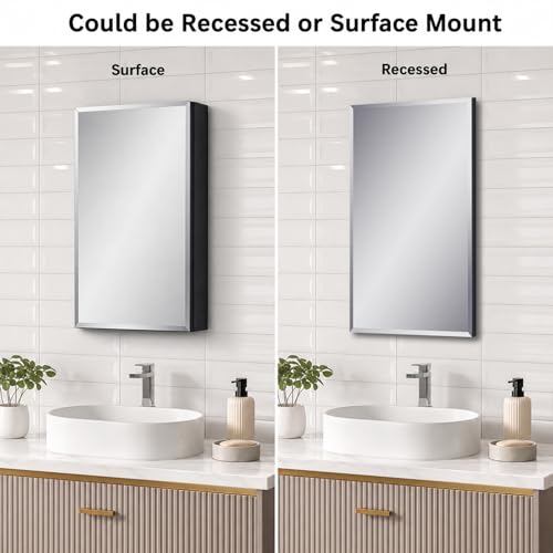 14 x 24 Black Aluminum Medicine Cabinet with Mirror, Recessed/Surface Mount | Bathroom Medicine Cabinet, 2 Adjustable Glass Shelves, Double-Sided Beveled Mirror Door, Soft-Close Hinge, Reversible Swing