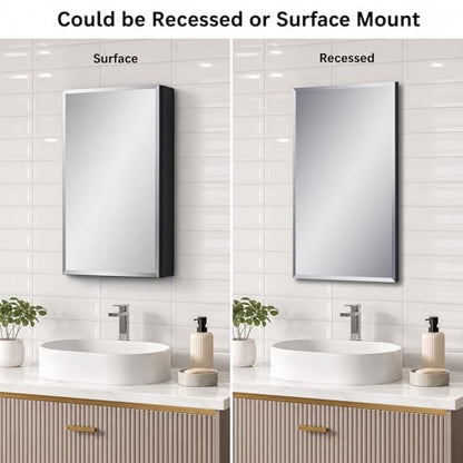 14 x 24 Black Aluminum Medicine Cabinet with Mirror, Recessed/Surface Mount | Bathroom Medicine Cabinet, 2 Adjustable Glass Shelves, Double-Sided Beveled Mirror Door, Soft-Close Hinge, Reversible Swing