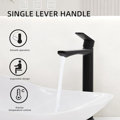 BELZ Black Bathroom Faucet, Tall Single Hole Vessel Sink Faucet 11.7'' | Lead-free, Anti-peeling PVD Black Finish, Modern Single Handle Design with Pop-Up Drain & Hoses for Bathroom RV Sink Vanity - color: Matte Black