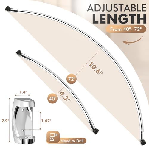 Curved Shower Curtain Rod for Bathroom, 40-72 Inches Adjustable Shower Rod | Rustproof Shower Curtain Rod with Rotating Brackets for Extra 30% Shower Space, 0.9MM thickness Need to Drill, Brush Nickel - color: Brush Nickel