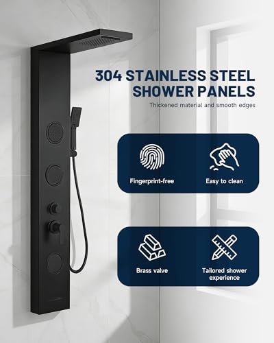 Shower Panel Tower System Rainfall Waterfall Shower Head 3 Massage Body Jet | Handheld Shower Head and Tub Spout Wall Mounted Multi-Function Bathroom Shower Panel Matte Black by Homevacious - color: Black