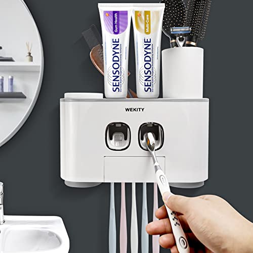 Toothbrush Holder Wall Mounted, WEKITY Multi-Functional Toothbrush and Toothpaste Dispenser for Bathroom, with 5 Toothbrush Slots, 2 Toothpaste Squeezers and 4 Cups(Grey) - color: Grey