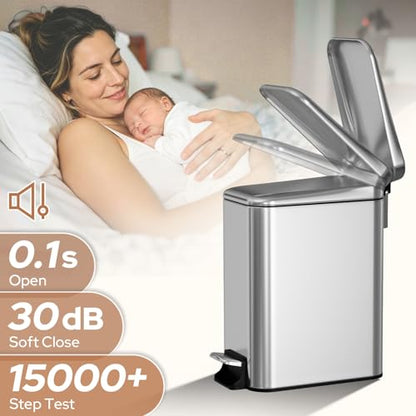 Small Bathroom Trash Can w/Lid Soft Close, 6 Liter/1.6 Gallon Stainless Steel Garbage Can w/Inner Bucket, Trash Bin Waste Basket for Kitchen, Bedroom, Living Room, Office, Toilet, Silver - color: Silver