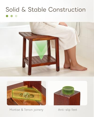 Upolana Teak Shower Bench, 16" Solid Acacia Wood Shower Stool Waterproof Shower Seat with Storage Shelf for Bathroom, Indoor & Outdoor Use