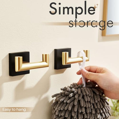 KOKOSIRI Robe Hooks Bath Towel Hooks Bathroom Hardware Double Coat Hooks Wall Mounted, Stainless Steel 2 Pack Black with Gold B1015GDK-P2 - color: Black Gold, size: 2 Pack